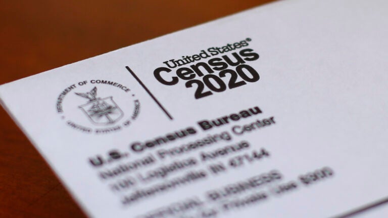 This April 5, 2020, file photo shows an envelope containing a 2020 census letter mailed to a U.S. resident in Detroit. (AP Photo/Paul Sancya, File)