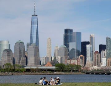 In this Saturday, May 2, 2020 file photo, people sit in view of Lower Manhattan at Liberty State Park in Jersey City, N.J. (AP Photo/Seth Wenig)