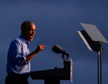 Former President Barack Obama speaks at Citizens Bank Park as he campaigns for Democratic presidential candidate former Vice President Joe Biden, Wednesday, Oct. 21, 2020, in Philadelphia. (AP Photo/ Matt Slocum)