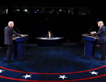 
President Donald Trump and Democratic presidential candidate former Vice President Joe Biden participate in the final presidential debate at Belmont University, Thursday, Oct. 22, 2020, in Nashville, Tenn.  (Jim Bourg/Pool photo via AP)