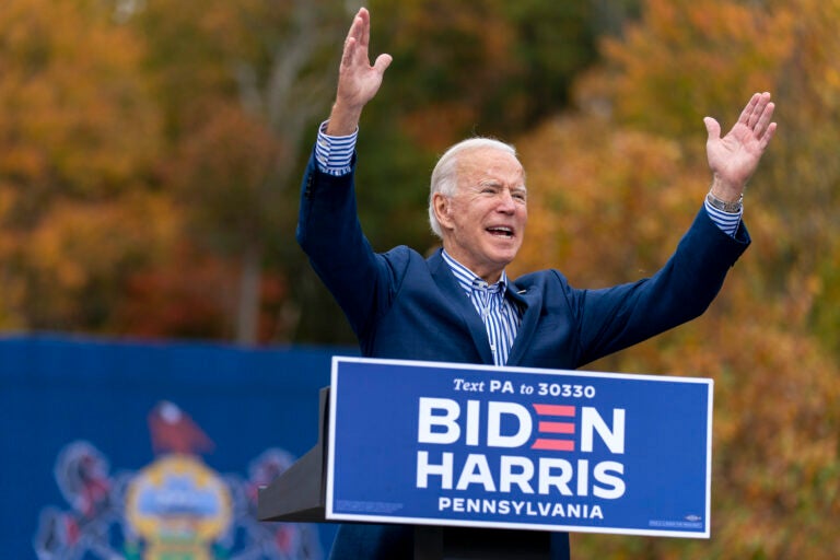 Democratic presidential candidate former Vice President Joe Biden speaks at a drive-in campaign stop at Bucks County Community College in Bristol, Pa., Saturday, Oct. 24, 2020. (AP Photo/Andrew Harnik)