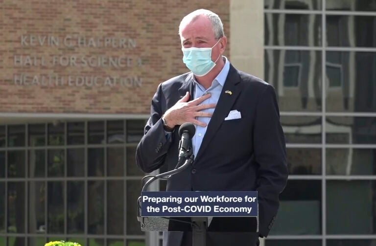 In this Oct. 21, 2020, file photo, taken from video provided by the New Jersey Governor's Office, New Jerrsey Gov. Phil Murphy tells attendees at an event in Blackwood, N.J., that he must leave the event to quarantine after just finding out that he'd been in contact with someone who had tested positive for COVID-19.  (New Jersey Office of the Governor via AP)