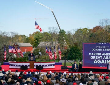 President Donald Trump speaks at a campaign rally at Keith House, Washington's Headquarters, Saturday, Oct. 31, 2020, in Newtown, Pa. (AP Photo/Chris Szagola)