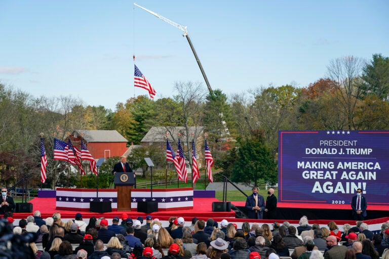 President Donald Trump speaks at a campaign rally at Keith House, Washington's Headquarters, Saturday, Oct. 31, 2020, in Newtown, Pa. (AP Photo/Chris Szagola)