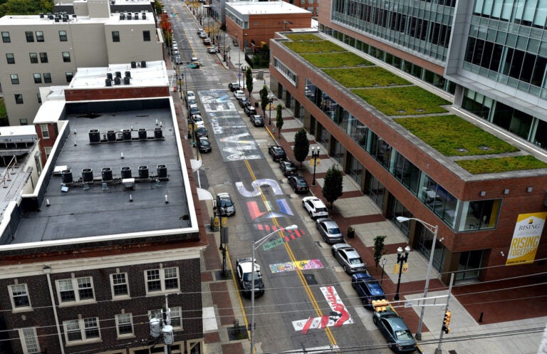 Part of the Black Lives Matter sign that was painted in Camden a few days earlier on Oct. 23. (April Saul for WHYY)