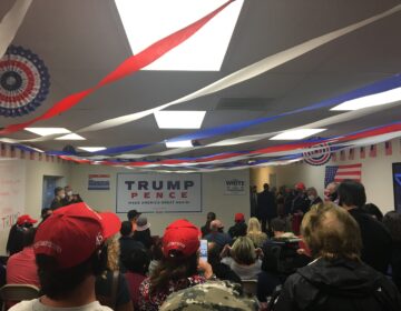 Dozens of Trump supporters packed into a cramped conference room to hear Rudy Giuliani's Columbus Day remarks in Philadelphia. (Katie Meyer / WHYY)