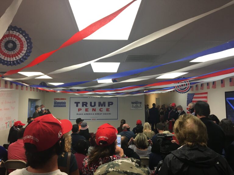 Dozens of Trump supporters packed into a cramped conference room to hear Rudy Giuliani's Columbus Day remarks in Philadelphia. (Katie Meyer / WHYY)