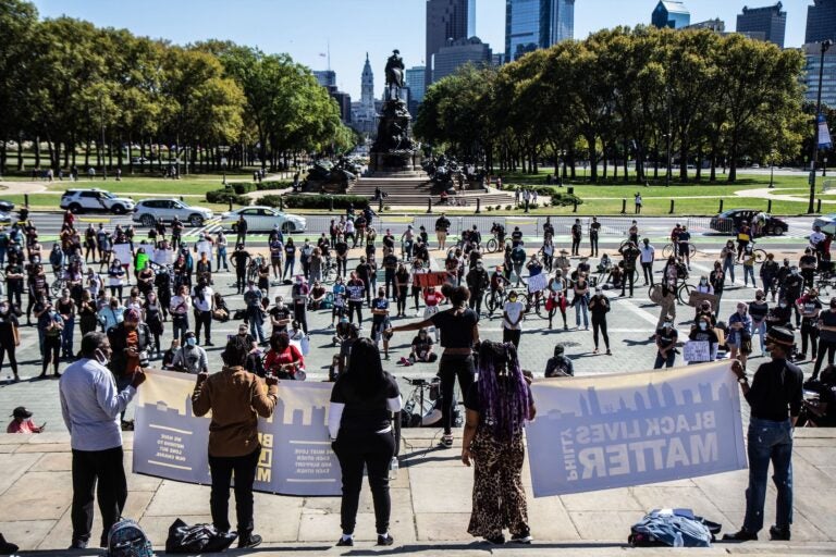 Black Lives Matter protesters gathered on the steps of the Art Museum Saturday to hear from organizers of Black radical groups. (Kimberly Paynter/WHYY)