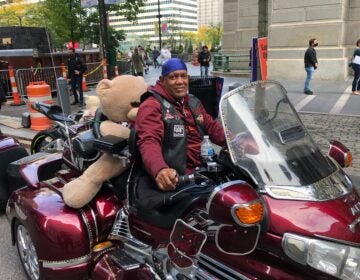 Aaron Atchison of South Jersey attended a motorcycle rally at City Hall to encourage voter turnout. (Miles Bryan/WHYY) 