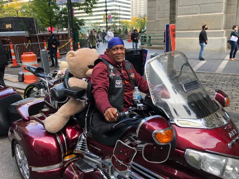 Aaron Atchison of South Jersey attended a motorcycle rally at City Hall to encourage voter turnout. (Miles Bryan/WHYY) 