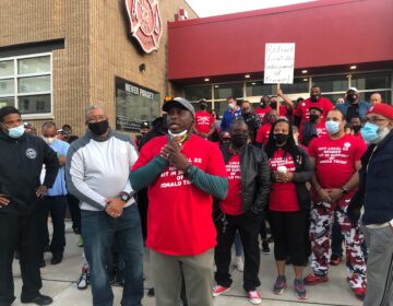 Deputy Fire Chief Anthony Hudgins calls for the resignation of IAFF 22 union president Michael Bresnan. (Robby Brod / WHYY)