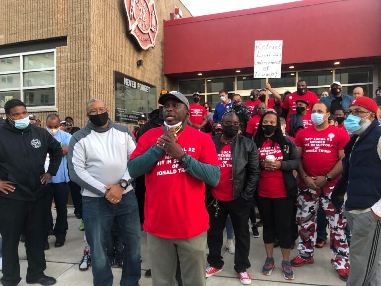 Deputy Fire Chief Anthony Hudgins calls for the resignation of IAFF 22 union president Michael Bresnan. (Robby Brod / WHYY)