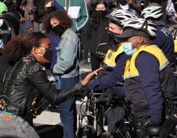FILE - A protester yells at police who blocked a march on Pine Street. (Emma Lee/WHYY)
