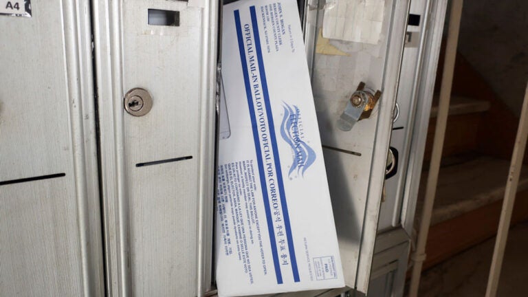 Oct. 2, 2020: A mail-in ballot for the Nov. 3 election in a mailbox in Rutherford. (AP Photo/Ted Shaffrey)