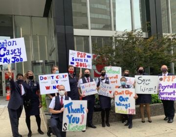 Airline workers held a rally outside Sen. Bob Casey’s office to raise visibility for impending furloughs earlier this year. (Courtesy of Paul Hartshorn, Jr.)