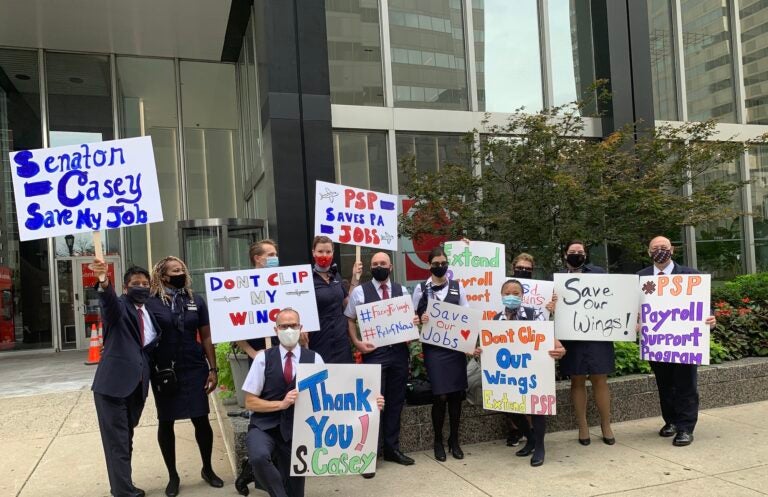 Airline workers held a rally outside Sen. Bob Casey’s office to raise visibility for impending furloughs earlier this year. (Courtesy of Paul Hartshorn, Jr.)