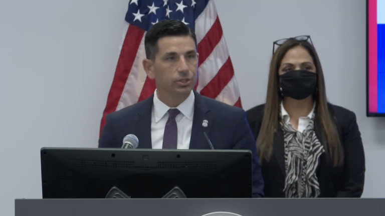 From left, Acting Homeland Security Secretary Chad Wolf and Philadelphia ICE field office director Simona Flores-Lund speak during a press conference on Oct. 16, 2020. (Screenshot) 