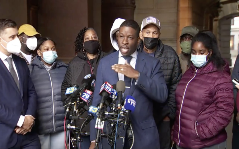 Shaka Johnson, center, lawyer for Walter Wallace Jr.'s family, speaks during a press conference on Oct. 29, 2020. (Screenshot)