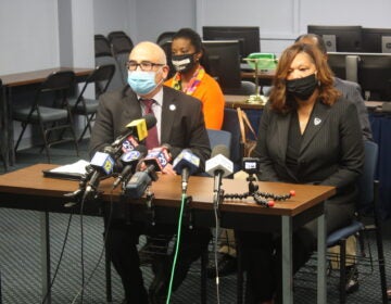 Trenton Mayor Reed Gusciora and Police Director Sheilah Coley speak to reporters in the wake of Tuesday's double homicide