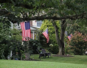Flags fly from suburban homes in Moorestown, N.J.. (Emma Lee/WHYY)