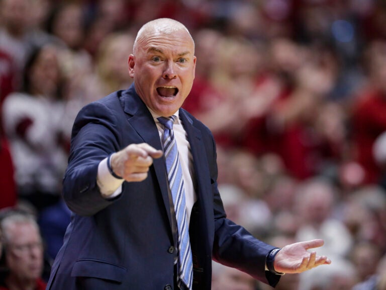 Penn State head coach Pat Chambers gestures in the second half of an NCAA college basketball game in Bloomington, Ind., Sunday, Feb. 23, 2020. Indiana defeated Penn State 68-60. (AP Photo/Michael Conroy)