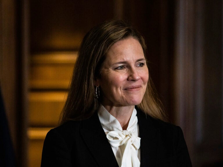 Judge Amy Coney Barrett, President Donald Trump's nominee for the U.S. Supreme Court, meets with Sen. Deb Fischer, R-Neb., on Capitol Hill ahead of her confirmation hearings. (Graeme Jennings/AP)