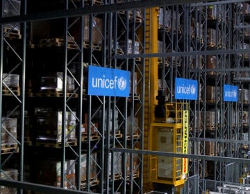 This image taken from video shows the inside of the UNICEF warehouse, the world's largest humanitarian aid warehouse, in Copenhagen, Denmark