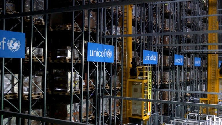 This image taken from video shows the inside of the UNICEF warehouse, the world's largest humanitarian aid warehouse, in Copenhagen, Denmark