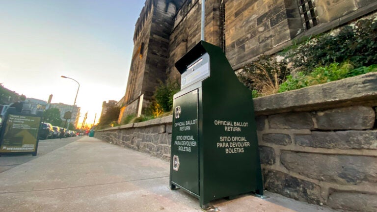 A secure mail ballot drop box outside Eastern State Penitentiary