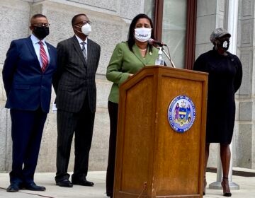 Councilmember Maria Quiñones-Sanchez speaks on Wednesday at a press conference outside City Hall.