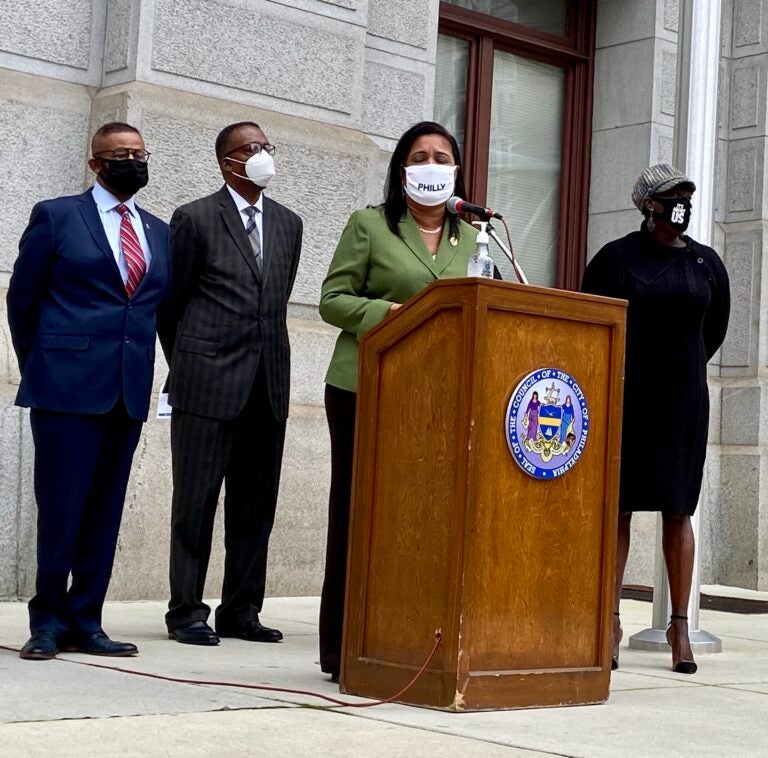 Councilmember Maria Quiñones-Sanchez speaks on Wednesday at a press conference outside City Hall.