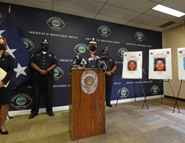 On October 5, 2020, Camden County Police Chief Joe Wysocki addresses a press conference to announce the arrests of four suspects in the September 15 shooting at the Camden home of two police officers. At left is Camden County Prosecutor Jill Mayer. (April Saul / WHYY)