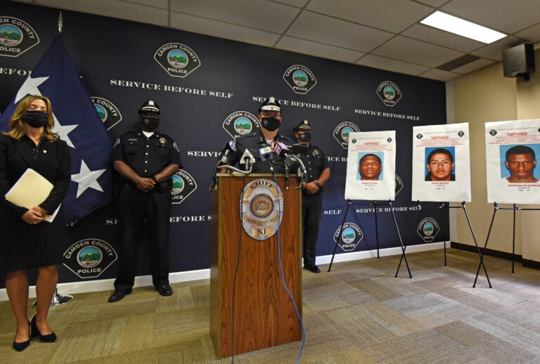 On October 5, 2020, Camden County Police Chief Joe Wysocki addresses a press conference to announce the arrests of four suspects in the September 15 shooting at the Camden home of two police officers. At left is Camden County Prosecutor Jill Mayer. (April Saul / WHYY)
