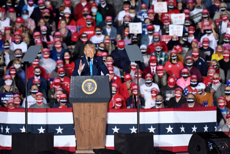 President Donald Trump speaks during a campaign rally at Harrisburg International Airport, Saturday, Sept. 26, 2020, in Middletown, Pa. (AP Photo/Steve Ruark)