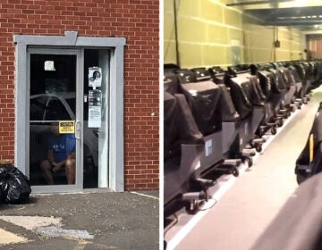 A security guard sitting by the East Falls election warehouse door; voting machines in the warehouse.