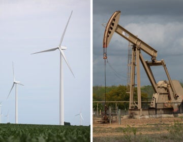 Wind turbines near Dwight, Ill. and a pump jack in Cotulla, Texas.