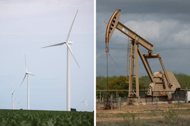 Wind turbines near Dwight, Ill. and a pump jack in Cotulla, Texas.