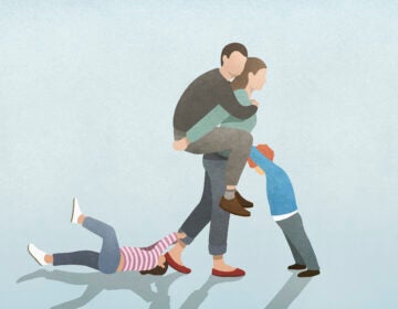 Illustration of mother holding father while two children vie for her attention