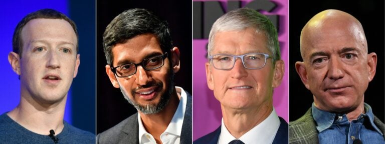 Facebook CEO Mark Zuckerberg (from left), Google CEO Sundar Pichai, Apple CEO Tim Cook and Amazon CEO Jeff Bezos have been in the spotlight over the market power that their giant companies have.
(Bertrand Guay/AFP via Getty Images)