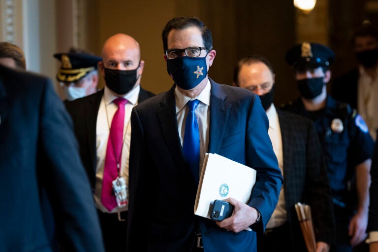 Treasury Secretary Steven Mnuchin departs from the office of Senate Majority Leader Mitch McConnell, R-Ky., at the Capitol in Washington on Wednesday, Sept. 30, 2020. (Photo by Caroline Brehman/CQ-Roll Call, Inc via Getty Images)