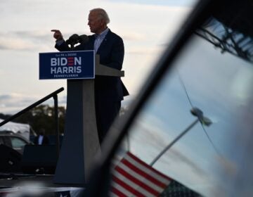 Democratic presidential nominee Joe Biden speaks at a drive-in rally