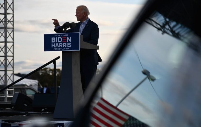 Democratic presidential nominee Joe Biden speaks at a drive-in rally at Dallas High School in Dallas, Pa., on Saturday. Pennsylvania is a crucial state, with both Biden and President Trump having visited in recent days. Democratic presidential nominee Joe Biden speaks at a drive-in rally
