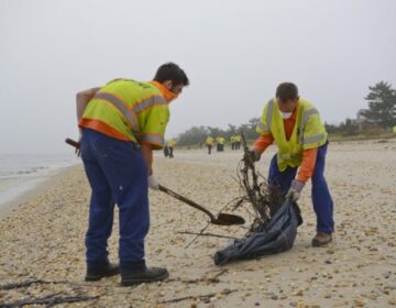 Workers help clean Delaware beach after oil spill