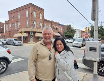 Patrick Grubb and Ramona Pellerito outside Saint Monica Parish in South Philly