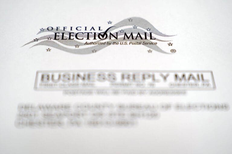 In this Oct. 13, 2020, photo, an envelope of a Pennsylvania official mail-in ballot for the 2020 general election in Marple Township, Pa. (Matt Slocum/AP Photo)