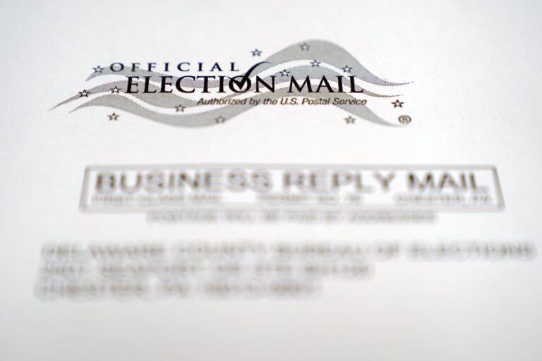 In this Oct. 13, 2020, photo, an envelope of a Pennsylvania official mail ballot for the 2020 general election in Marple Township, Pa. (Matt Slocum/AP Photo)