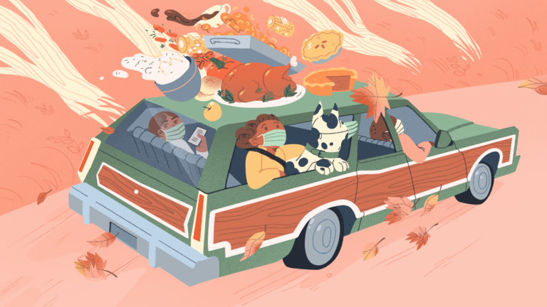 Cartoon graphic of old car driving with masked people inside, turkey, mashed potatoes, pie strapped to top of car.