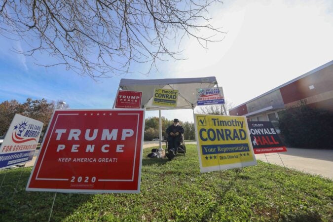 Campaign signage is displayed on election day Tuesday, Nov. 03, 2020, at Thurgood Marshall Elementary School in Newark, Del.
(Saquan Stimpson for WHYY)