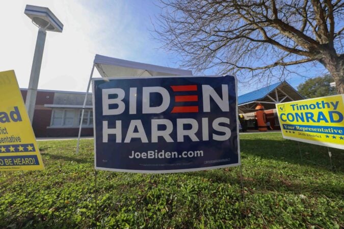 Campaign signage is displayed on election day Tuesday, Nov. 03, 2020, at Thurgood Marshall Elementary School in Newark, Del.
(Saquan Stimpson for WHYY)