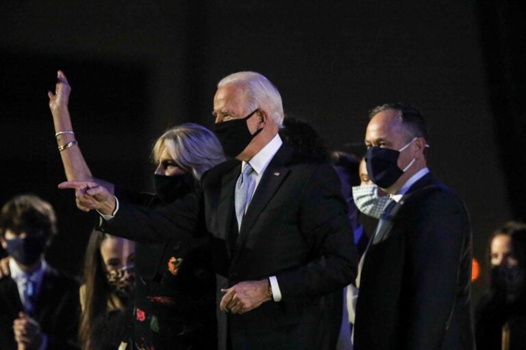 President-elect Joe Biden celebrates after delivering his victory speech Saturday, Nov. 07, 2020, at the Riverfront in Wilmington, Del. (Saquan Stimpson for WHYY)